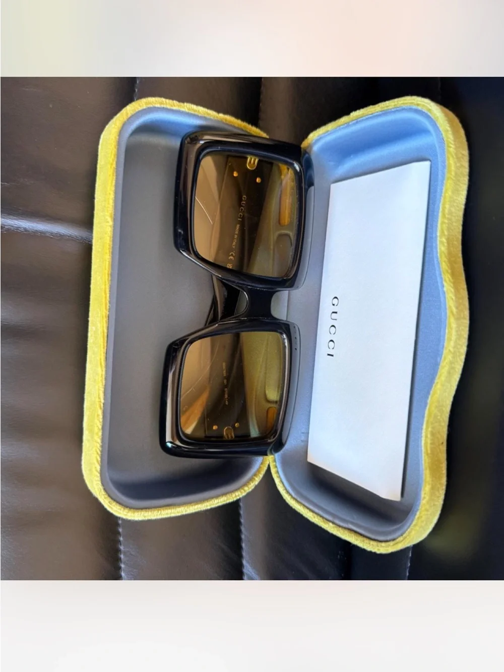 Gucci Black Frame Oversized Yellow Lens Square Sunglasses with Gold GG Accent